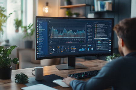 An expert is engrossed in analyzing data on a monitor, surrounded by a neat desk setup with a keyboard, coffee, and notepad.の素材