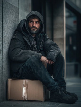 People living on the streets use cardboard boxes for shelter, showing signs of exhaustion amid the cold, empty urban environment.の素材