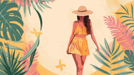A woman in a vibrant summer outfit strolls past tropical plants on a sunny day, radiating warmth and leisure.の素材