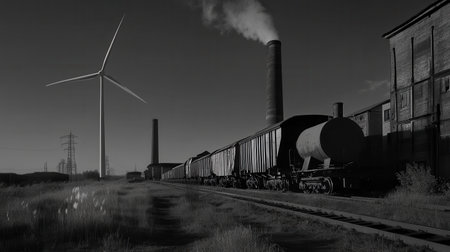 Wind turbines stand tall near closed coal mines and old factories, representing a significant transition to sustainable energy solutions.の素材