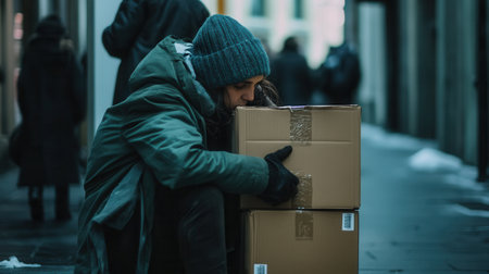 Individuals struggle with homelessness among cardboard boxes in a desolate city, their faces reflecting exhaustion and despair.の素材