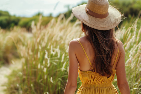 A woman in a yellow summer dress strolls through tall grass, enjoying a sunny day in a scenic outdoor setting.の素材