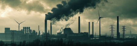A stark contrast illustrates the shift from coal mining to wind energy, with turbines standing next to abandoned factories and smoke.の素材