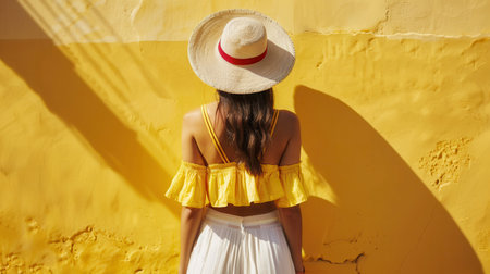 A woman in a stylish yellow summer top and wide-brimmed hat stands against a vibrant yellow wall, enjoying the warm sunlight.の素材
