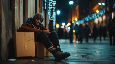 A person sits exhausted beside cardboard boxes in a deserted city, showing signs of struggle in a cold, dark environment.の素材