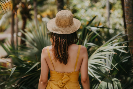 A woman dressed in a vibrant summer outfit strolls through a tropical garden, surrounded by leafy plants and bright sunlight.の素材