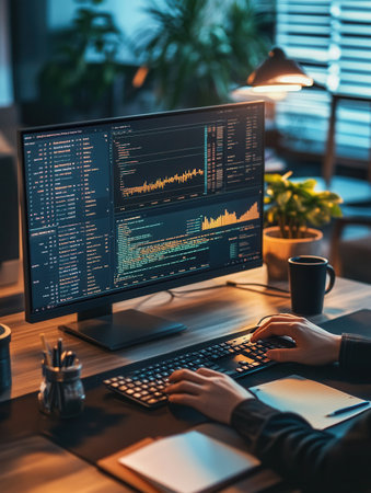 An expert focuses on a large monitor, analyzing data with a neat desk arrangement, including a keyboard, mouse, and coffee cup.の素材