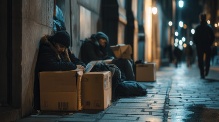 Individuals huddle against buildings, using cardboard for warmth and shelter in a vacant city, capturing their struggle and resilience.の素材