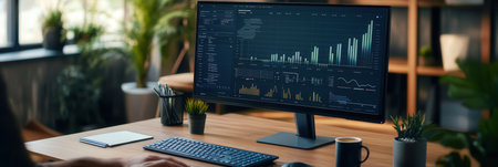 An expert focuses intently on a monitor, analyzing intricate data while surrounded by a tidy desk setup complete with a coffee mug.の素材