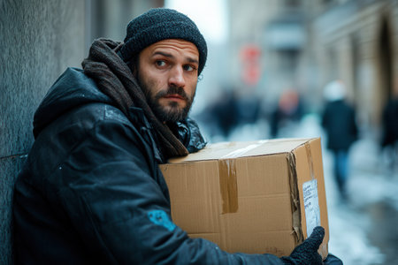In a cold urban environment, a weary man clutches a cardboard box, embodying the struggles of homelessness and survival.の素材