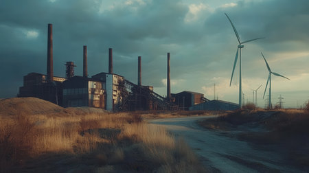 Wind turbines loom over decommissioned coal mines, representing a shift towards renewable energy in a repurposed industrial zone.の素材