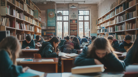 Students are engaged in studying outdated materials in a crowded classroom, highlighting the struggle for resources and knowledge.の素材