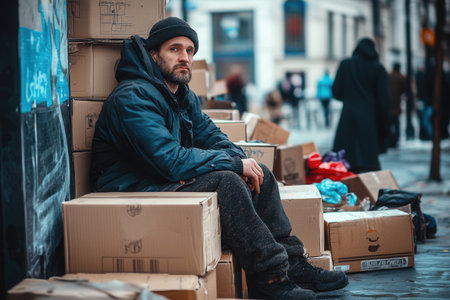 In a desolate urban landscape, a weary man looks out from a pile of cardboard, reflecting the struggle of homelessness in cold conditions.の素材