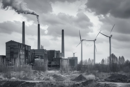 Wind turbines stand tall next to former coal mines and old factories, highlighting the move towards sustainable energy practices.の素材