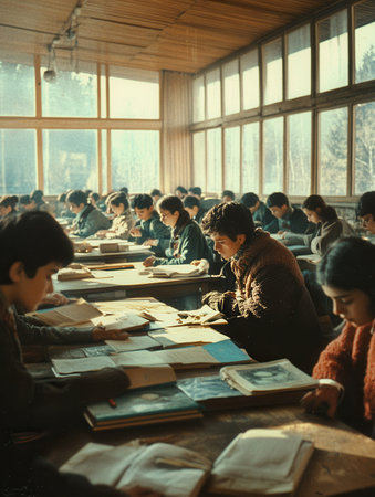 Students are focused on their studies in a crowded classroom filled with outdated books and minimal educational resources.の素材