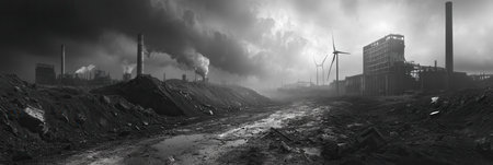 A stark contrast emerges as closed coal mines lie alongside wind turbines and defunct factories, illustrating the shift to renewable energy.の素材