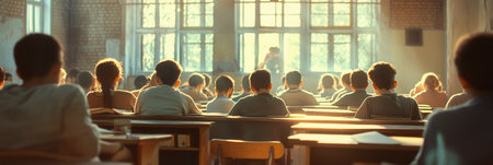 Students sit in a crowded classroom, striving for knowledge amid old books and a lack of adequate school supplies.の素材