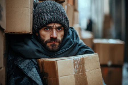 In a cold urban setting, individuals surround themselves with makeshift cardboard shelters, faces revealing signs of exhaustion and despair.の素材