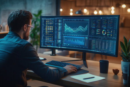 An expert is meticulously analyzing complex data on dual monitors, surrounded by a neat workspace with essential tools and a coffee mug.の素材