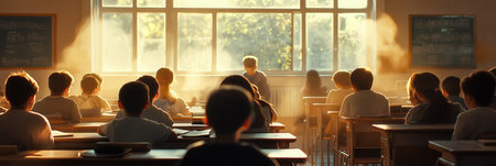 Students fill an overcrowded classroom with old educational materials, immersed in their pursuit of knowledge on a sunny afternoon.の素材