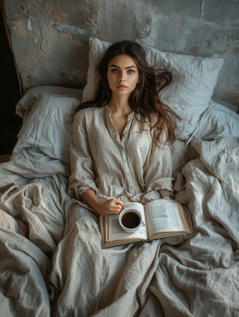 A young woman enjoys her morning on the bed, holding a cup of coffee while reading an old book in a serene environment.の素材