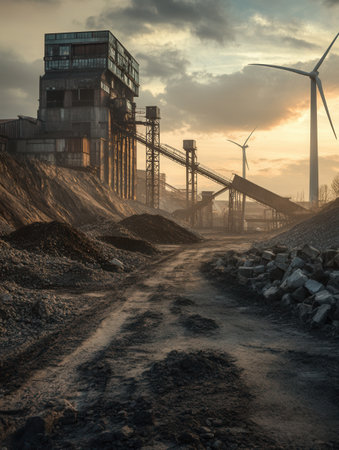 Old factories stand near closed coal mines, while wind turbines signal a significant shift towards greener energy alternatives.の素材