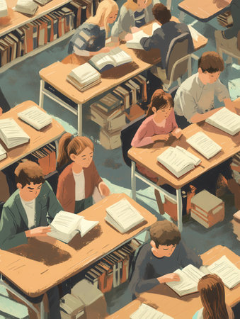 Students engage with outdated educational materials in an overcrowded classroom while striving for learning and understanding.の素材