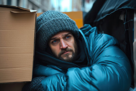 Individuals struggling with homelessness huddle in cardboard shelters, reflecting exhaustion and isolation in an empty urban environment.の素材