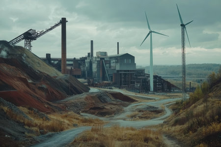 Closed coal mines stand alongside wind turbines, symbolizing the shift towards green energy in an industrial setting.の素材