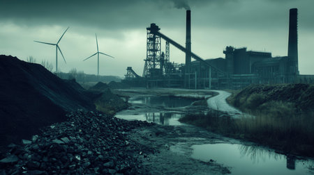 Closed coal mines and factories are silhouetted against a gray sky, while wind turbines signify a shift towards renewable energy.の素材