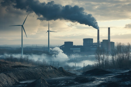 Old factories emit smoke while wind turbines symbolize the shift to renewable energy, marking a significant industrial transition.の素材