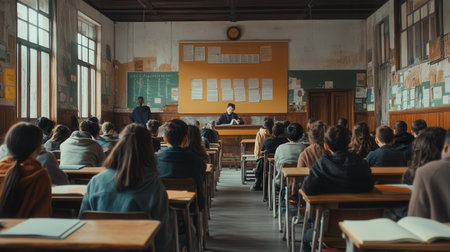 In a crowded classroom, students listen intently as an instructor addresses them amidst outdated books and scarce supplies.の素材