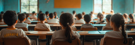 Students fill a crowded classroom, surrounded by old books and limited supplies, all focused on their learning journey.の素材
