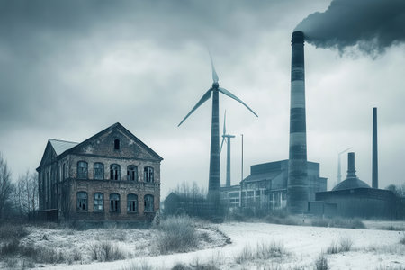 Closed coal mines stand alongside wind turbines and aging factories, illustrating the shift towards sustainable energy practices.の素材