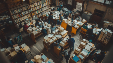 Students work diligently amid stacks of old books and limited supplies, showing their determination to learn despite challenging conditions.の素材