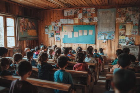 Students sit in a cramped classroom surrounded by old books and limited school supplies, all eager to learn despite the challenges.の素材