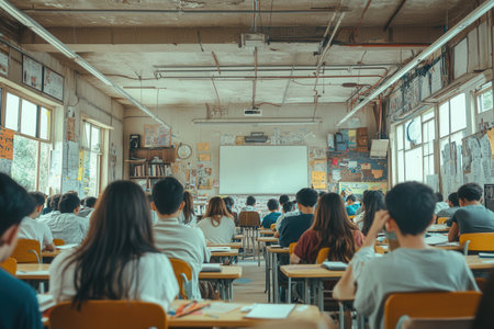 Students in a cramped classroom face challenges with limited supplies and old resources as they pursue their education.の素材