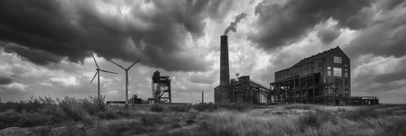 Wind turbines rotate beside abandoned coal mines and factories, emphasizing the shift from fossil fuels to sustainable energy sources.の素材