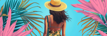 Dressed in a stylish summer outfit, a woman stands amidst lush tropical plants on a sunny day, embracing the warm weather.の素材