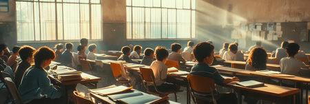 A group of students sits attentively in a crowded classroom filled with outdated educational materials, striving for knowledge despite challenges.の素材