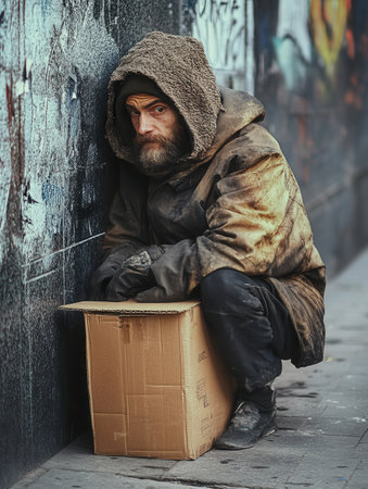 In a stark urban environment, individuals huddle in makeshift cardboard shelters, their faces revealing tiredness and hopelessness.の素材