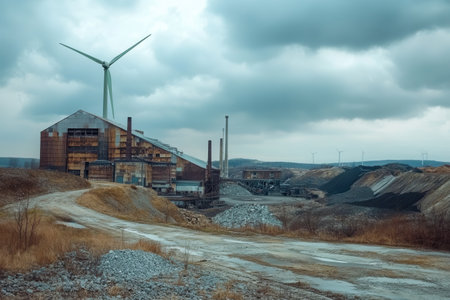 Wind turbines stand tall beside abandoned coal mines and factories, symbolizing a shift towards renewable energy and sustainability.の素材
