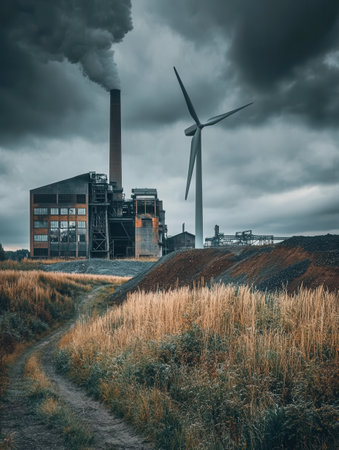 Old factories loom behind wind turbines, showing the shift from coal-based energy to renewable sources in a transforming environment.の素材