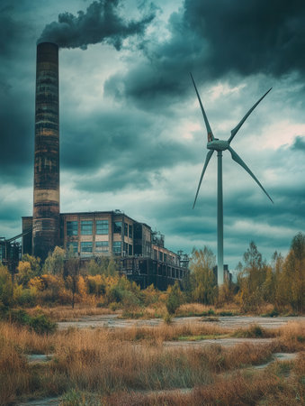 Closed mines contrast with wind turbines, showing the shift towards renewable energy in former industrial areas.の素材
