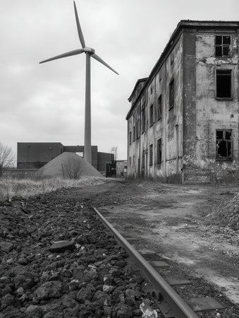 Wind turbines stand tall against the backdrop of old coal factories, marking a shift toward sustainable energy practices in the area.の素材