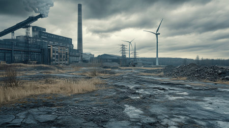 Abandoned factories stand alongside wind turbines, illustrating the transition from coal dependency to sustainable energy generation.の素材