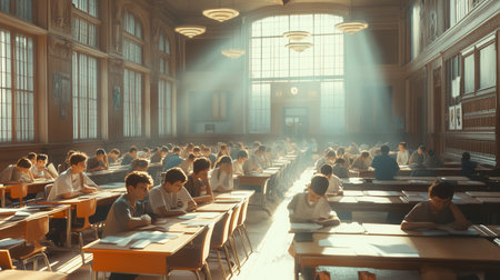 Students diligently studying in an overcrowded classroom, surrounded by outdated books and insufficient supplies.の素材