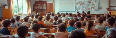 Students fill an overcrowded classroom, engaging in lessons with limited educational resources and old materials available to them.の素材