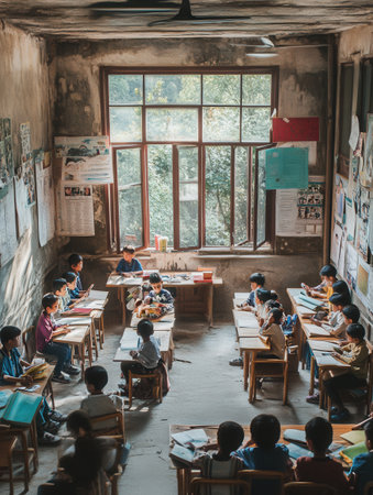 Students work diligently at overcrowded desks surrounded by worn-out books and minimal educational resources in a dim classroom.の素材