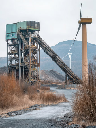 Abandoned coal mining structures stand near modern wind turbines, illustrating the region's shift from fossil fuels to renewable energy.の素材